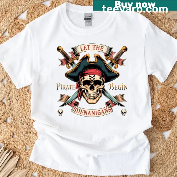 Illustrated Halloween T-shirt with a skull wearing a pirate bandana