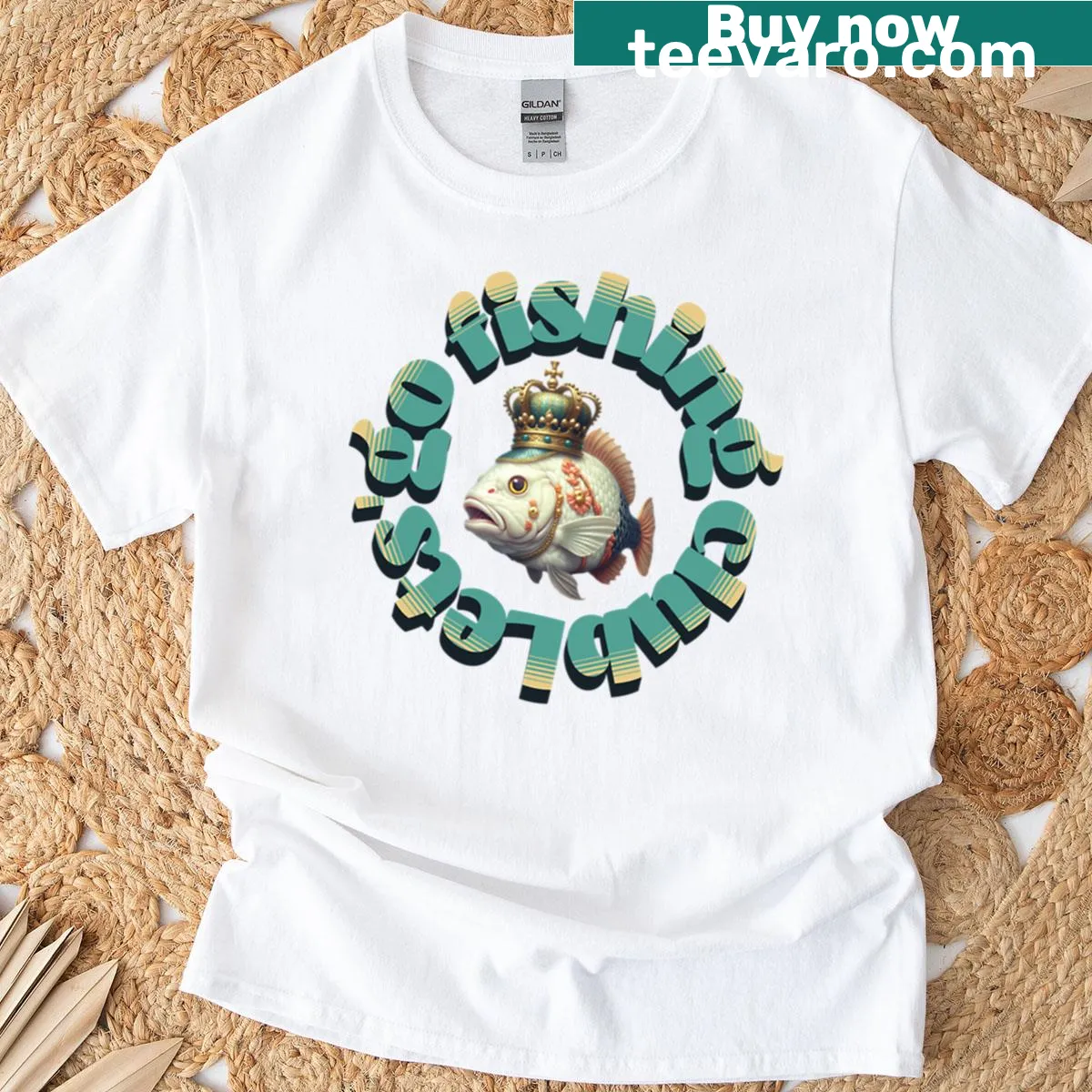 Retro fishing-themed t-shirt with 'Let's Go Fishing Club' text — on a men's t-shirt