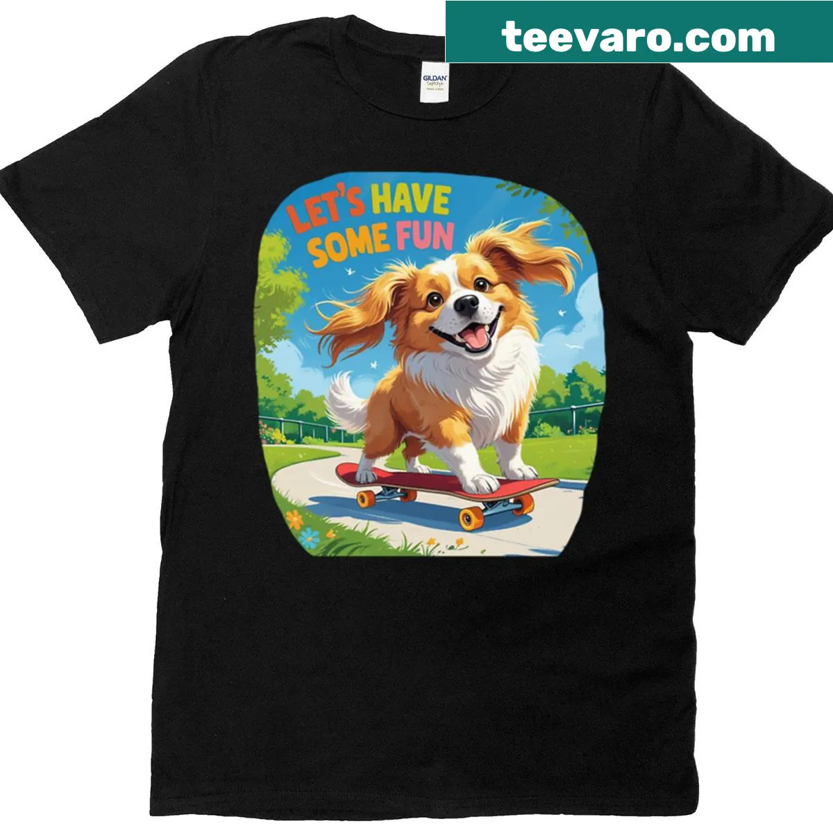 Happy skateboard dog illustration on a playful t-shirt — on a men's t-shirt