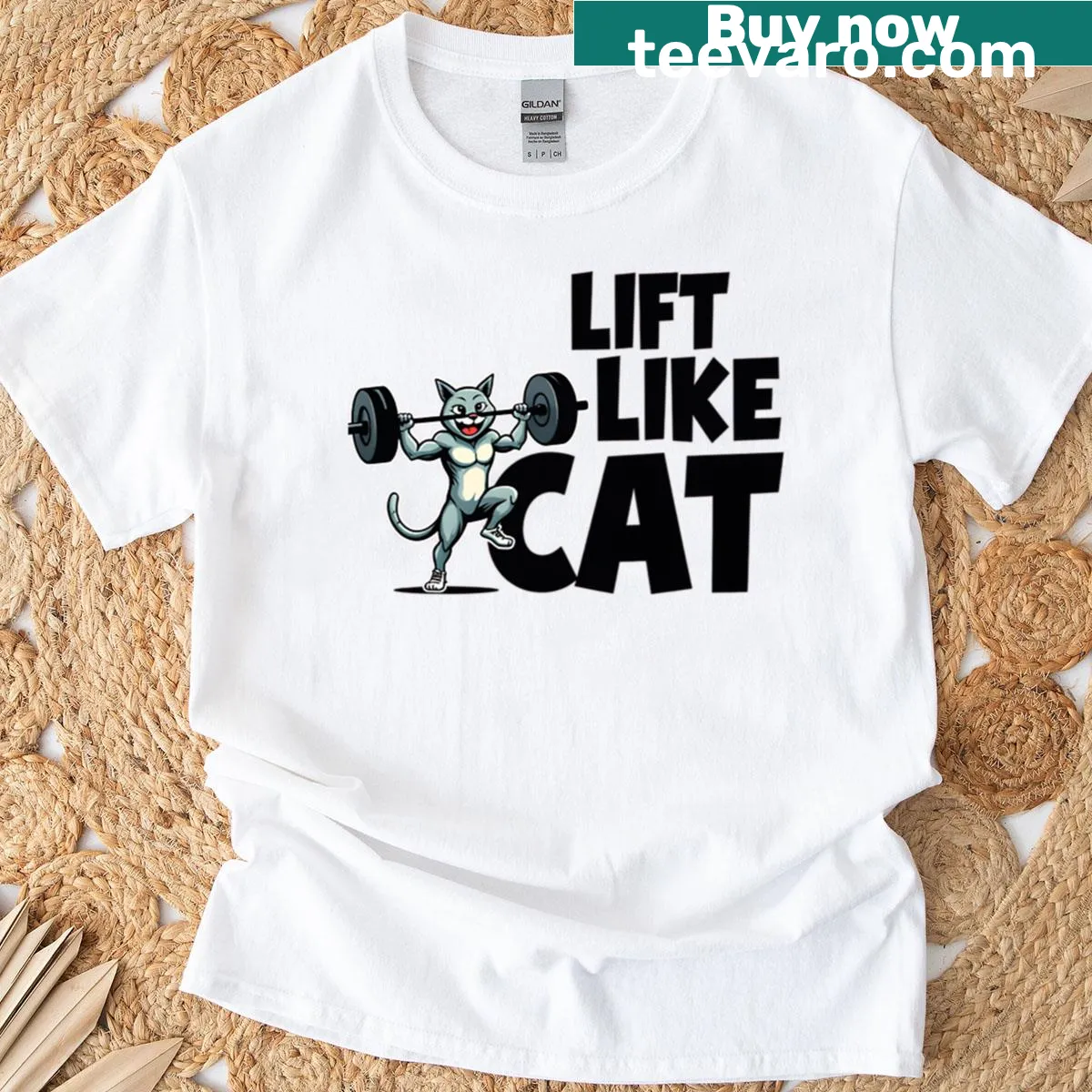 Playful design with 'Lift Like Cat' text and cat illustration — on a men's t-shirt