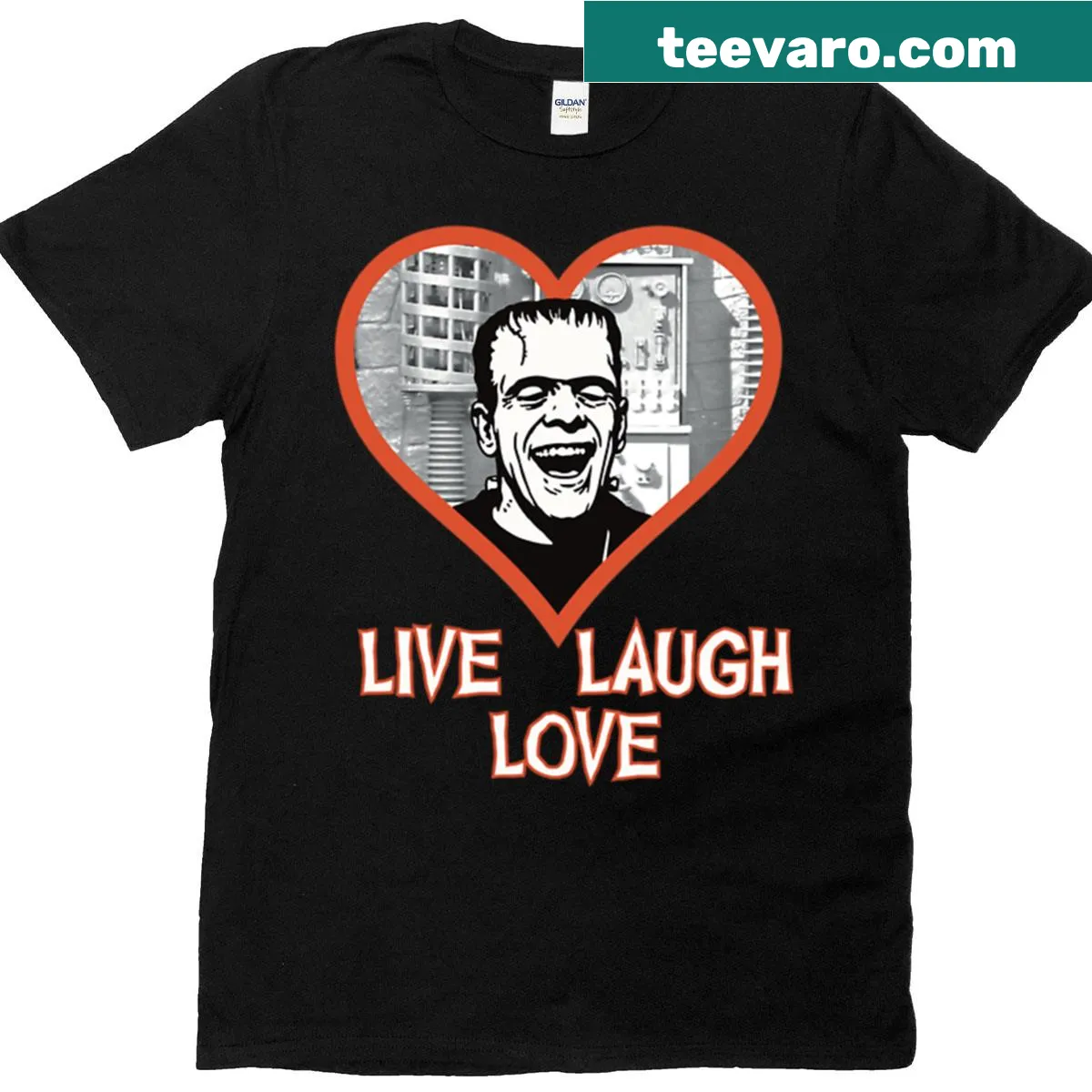 Whimsical t-shirt with 'Live Laugh Love' and Frankenstein illustration — on a men's t-shirt