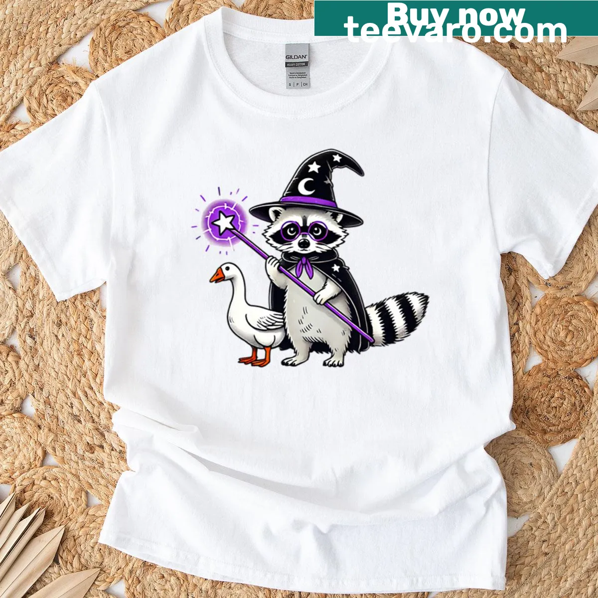 Illustration of a raccoon wizard with a goose in a whimsical design — on a men's t-shirt