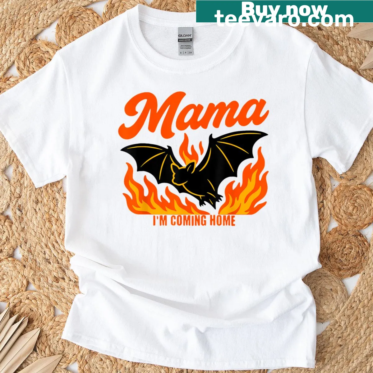 Halloween t-shirt with bats, flames, and spooky text — on a men's t-shirt