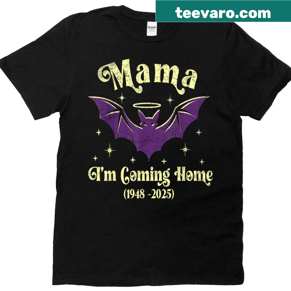 Funny t-shirt with a whimsical bat and the phrase 'Mama, I’m Coming Home' — on a men's t-shirt