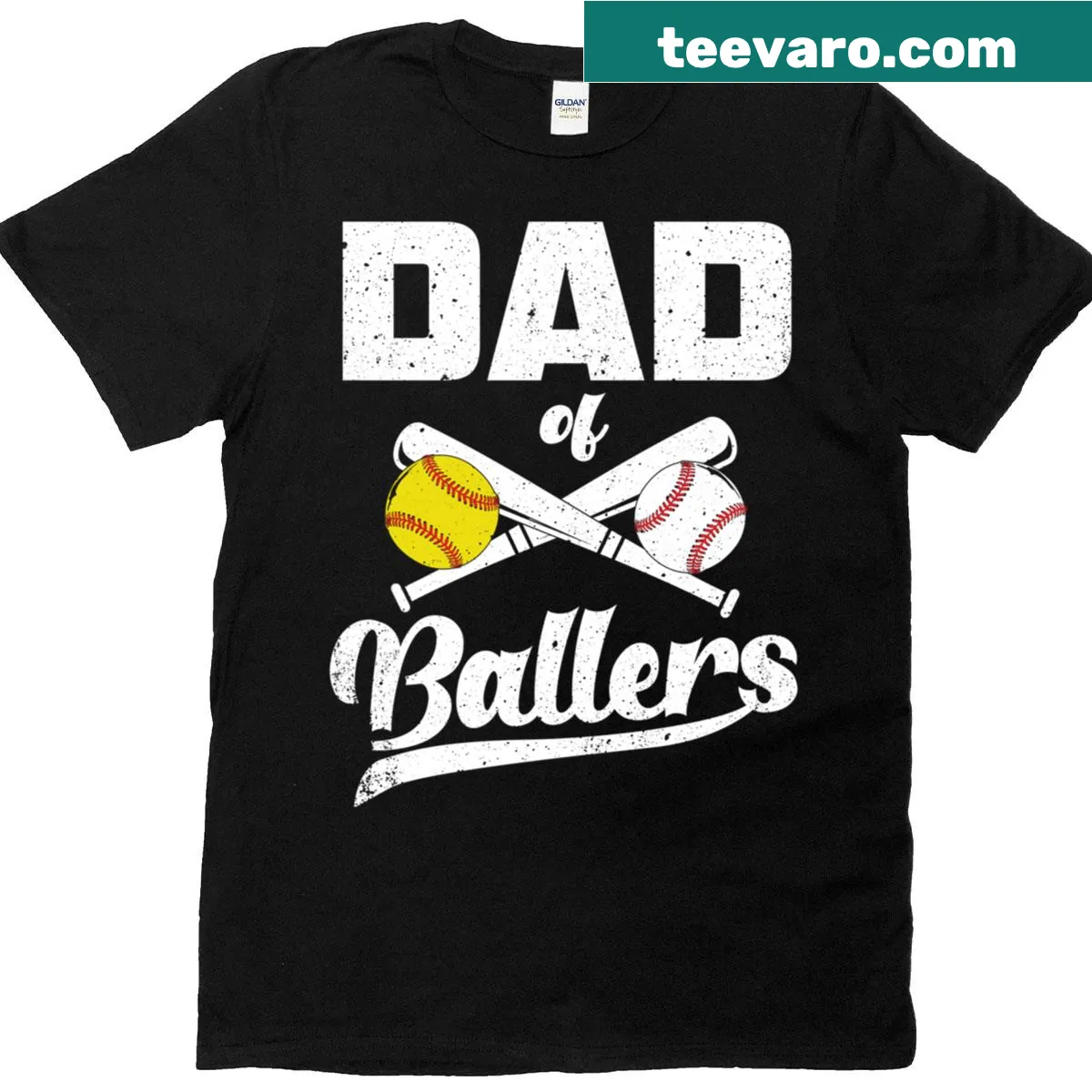 Text t-shirt that says 'Dad Of Ballers' for baseball and softball dads — on a men's t-shirt