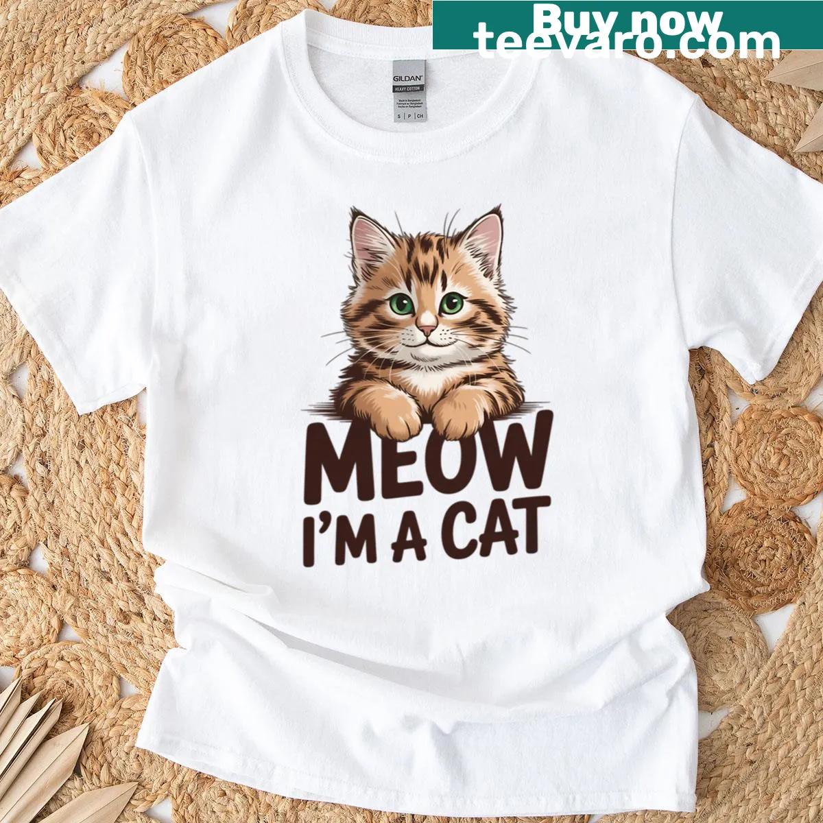 Cute Halloween T-shirt with 'Meow I'm A Cat' graphic — on a men's t-shirt