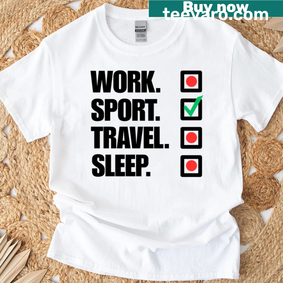 Minimalist checklist t-shirt listing life essentials — on a men's t-shirt