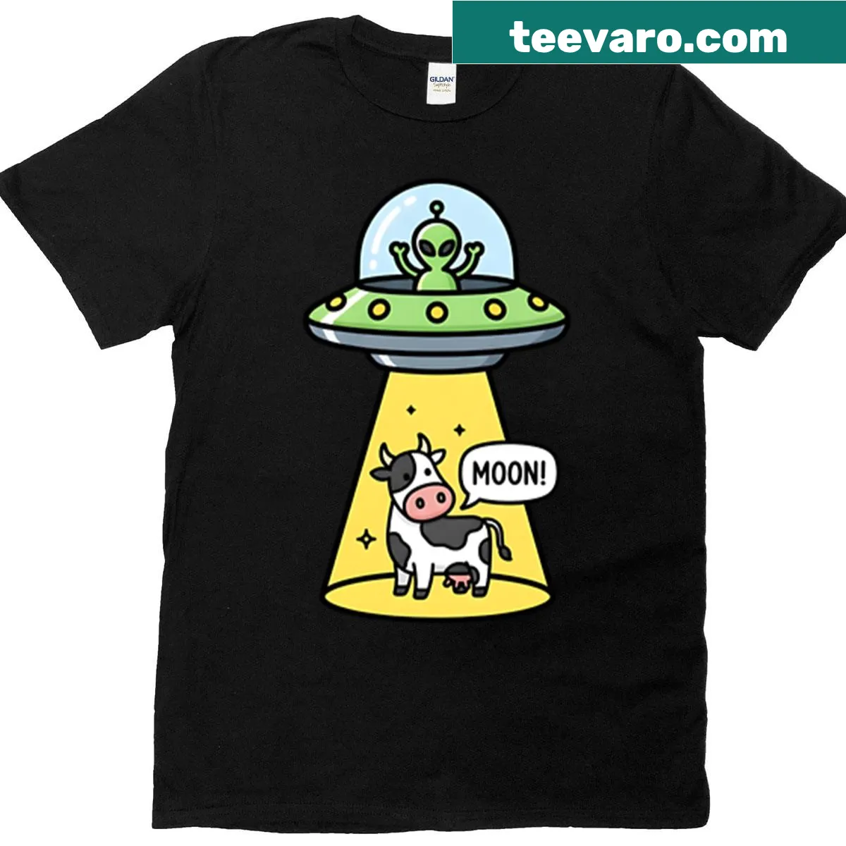Cartoon t-shirt featuring a UFO abducting a cow under the moon. — on a men's t-shirt