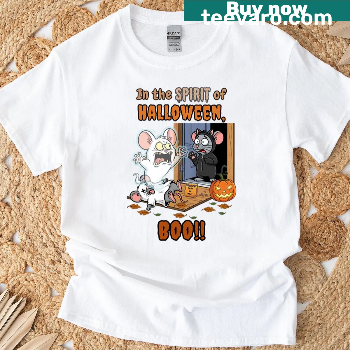 Cartoon mouse with 'Boo!' graphic for Halloween T-shirt — on a men's t-shirt