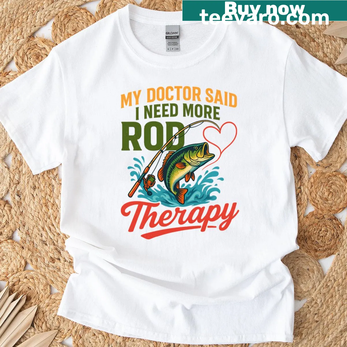 Oversized T-shirt with humorous 'Rod Therapy' fishing quote — on a men's t-shirt