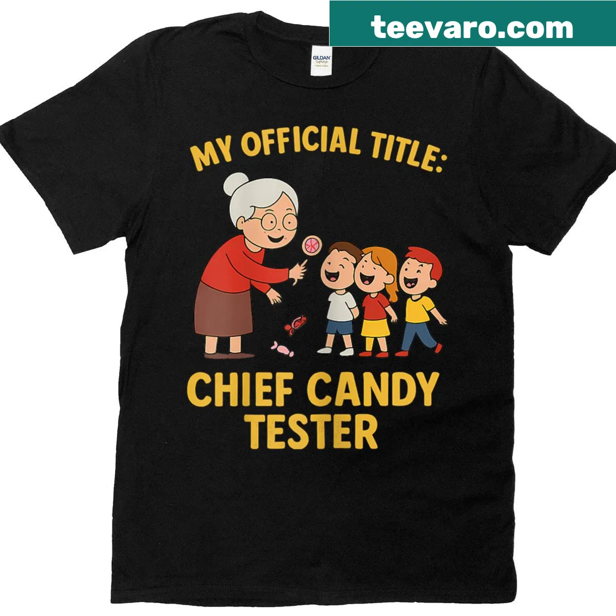 Novelty T-shirt for grandmas with 'Chief Candy Tester' text — on a men's t-shirt