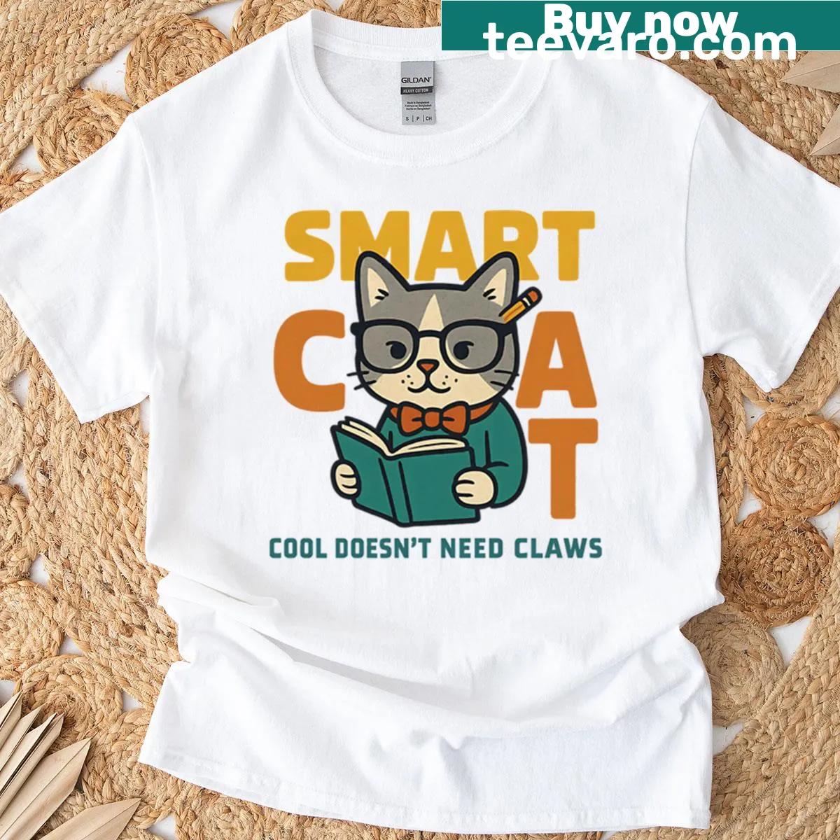 Cartoon cat t-shirt with nerdy glasses design — on a men's t-shirt