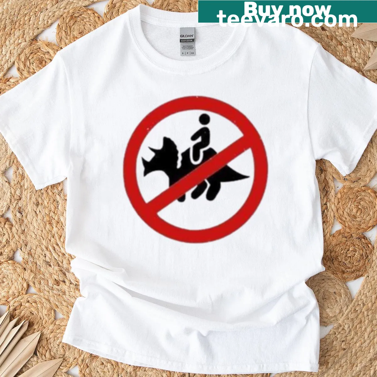Humorous t-shirt with 'No Dinosaur Riding Allowed' text — on a men's t-shirt