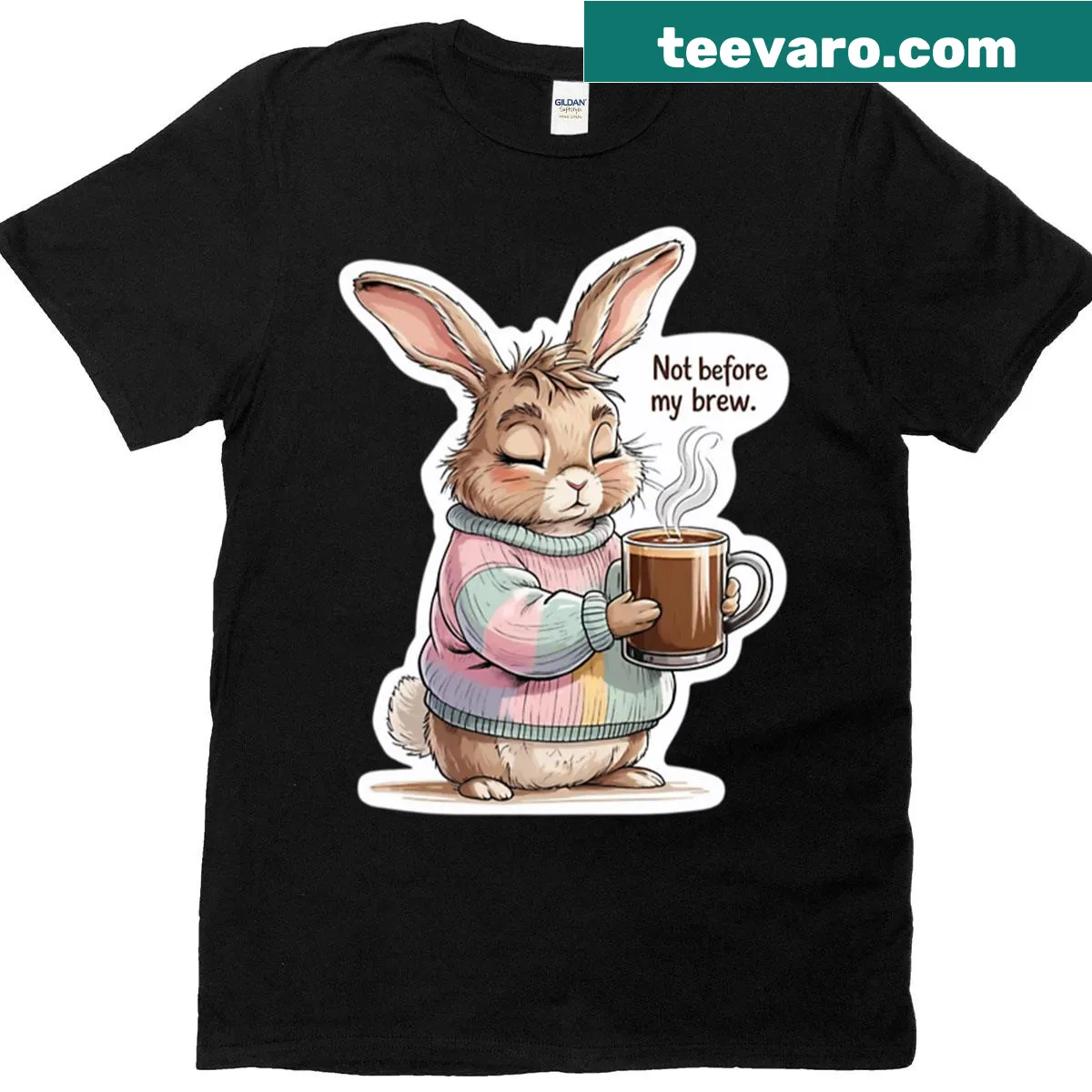 Funny oversized t-shirt with a bunny and 'Not Before My Brew' text — on a men's t-shirt