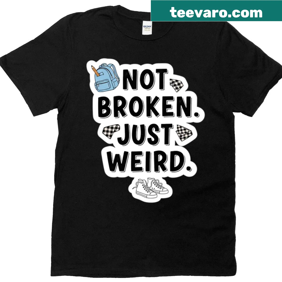 Funny oversized t-shirt with 'Not Broken Just Weird' text design — on a men's t-shirt