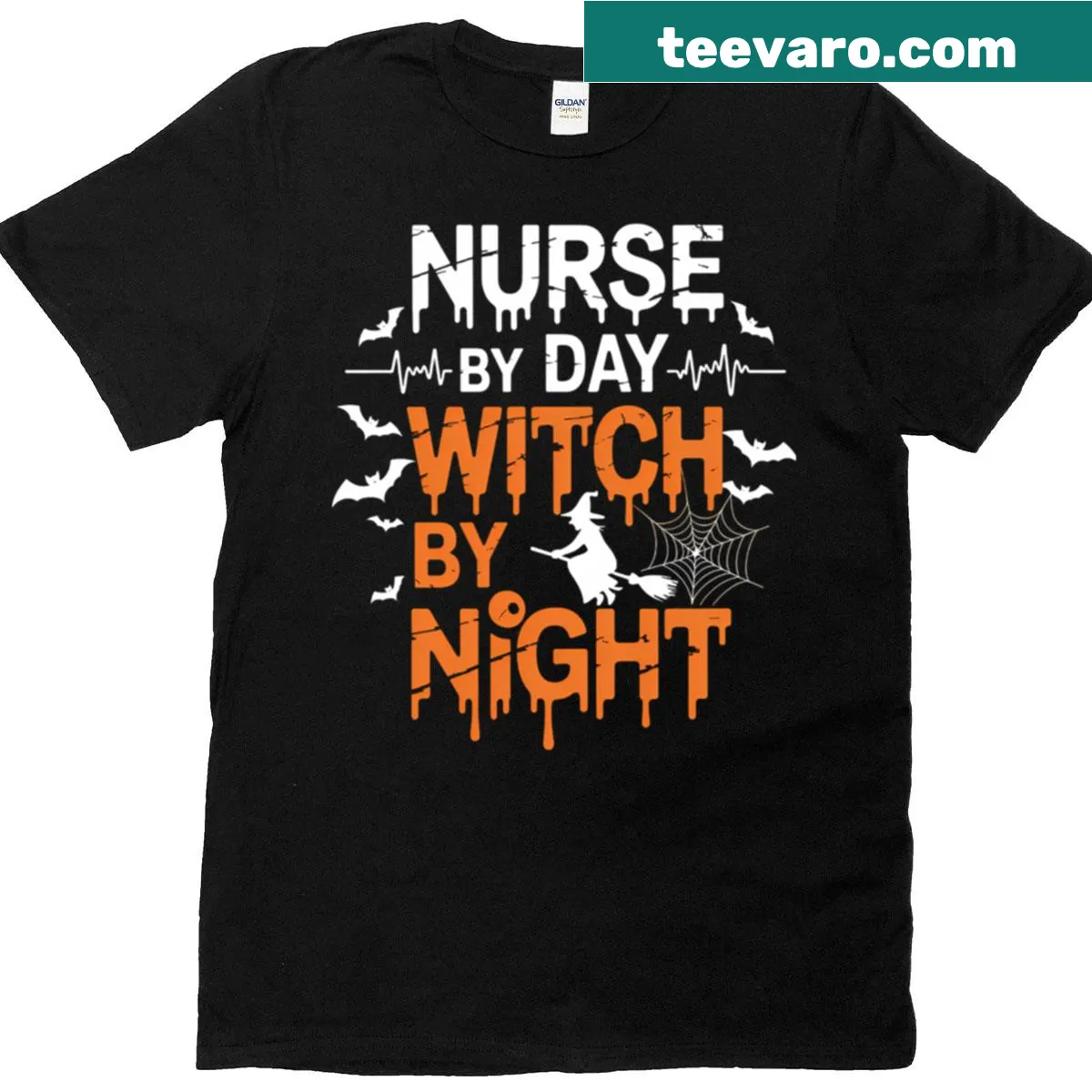Funny Halloween t-shirt for nurses with 'Nurse By Day Witch By Night' text — on a men's t-shirt