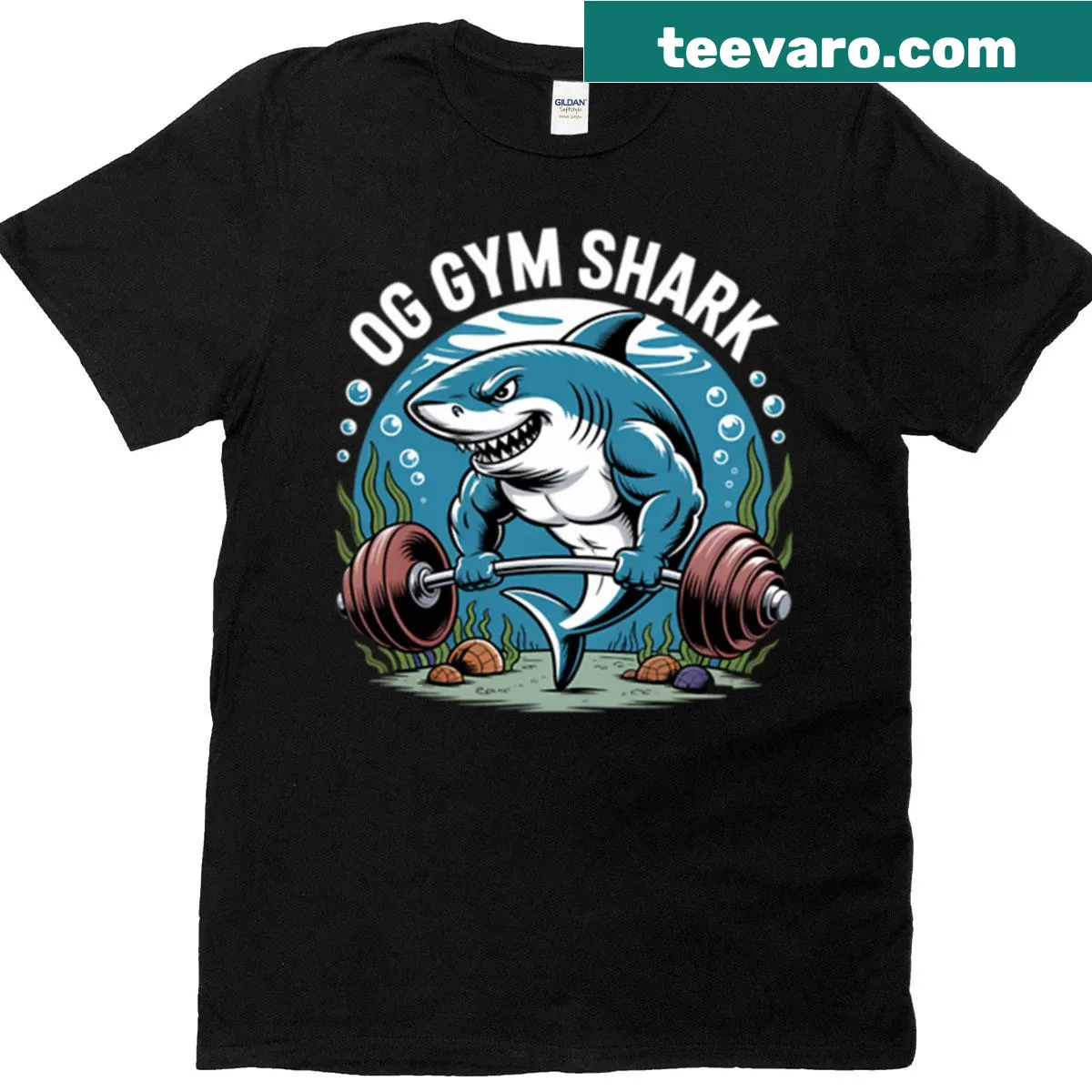 Retro styled t-shirt with 'Og Gym Shark' text — on a men's t-shirt