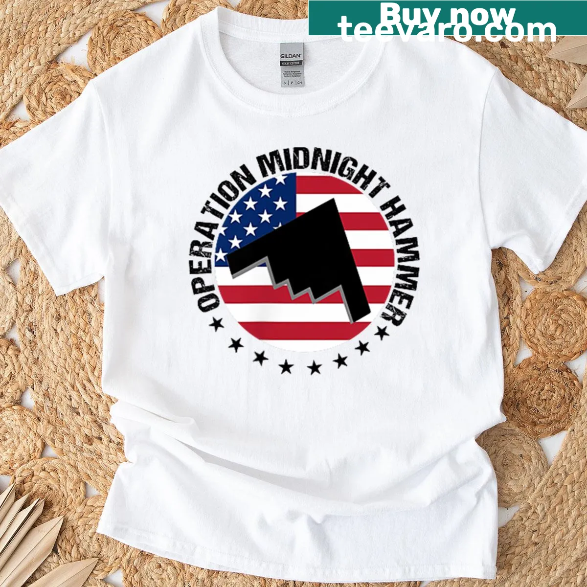 Patriotic t-shirt with American flag and 'Operation Midnight Hammer' graphic — on a men's t-shirt