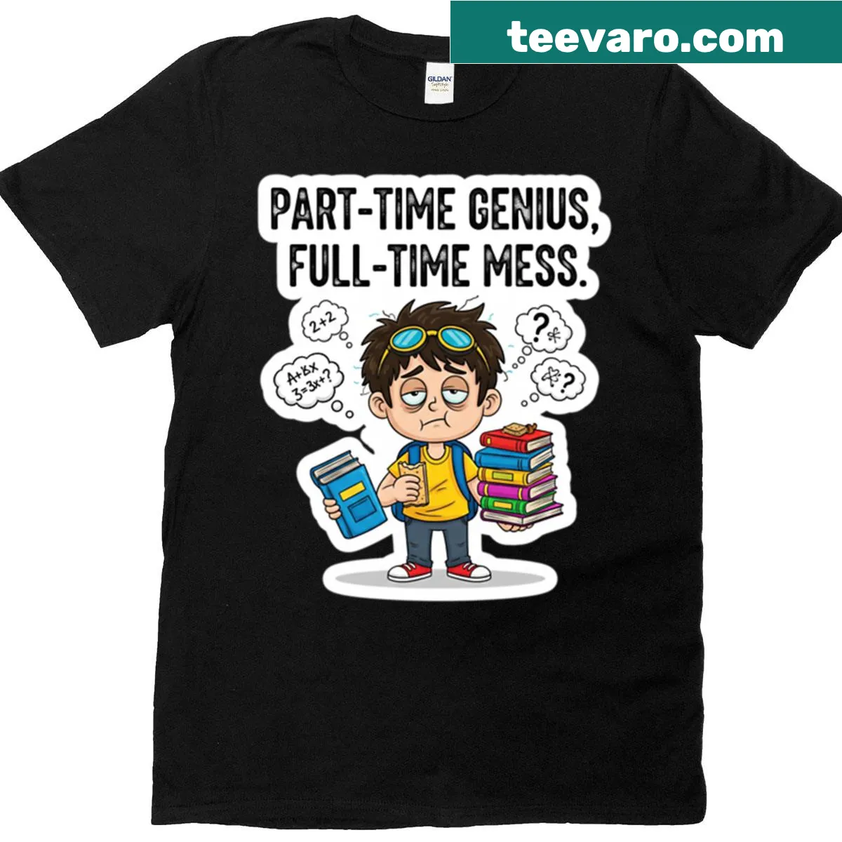 Back-to-school oversized T-shirt with a humorous genius and mess design — on a men's t-shirt