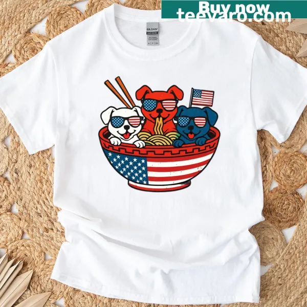 T-shirt featuring patriotic ramen noodle dogs in a playful illustration