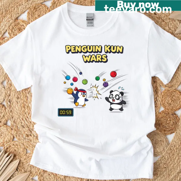 Oversized t-shirt featuring a retro penguin ball battle design