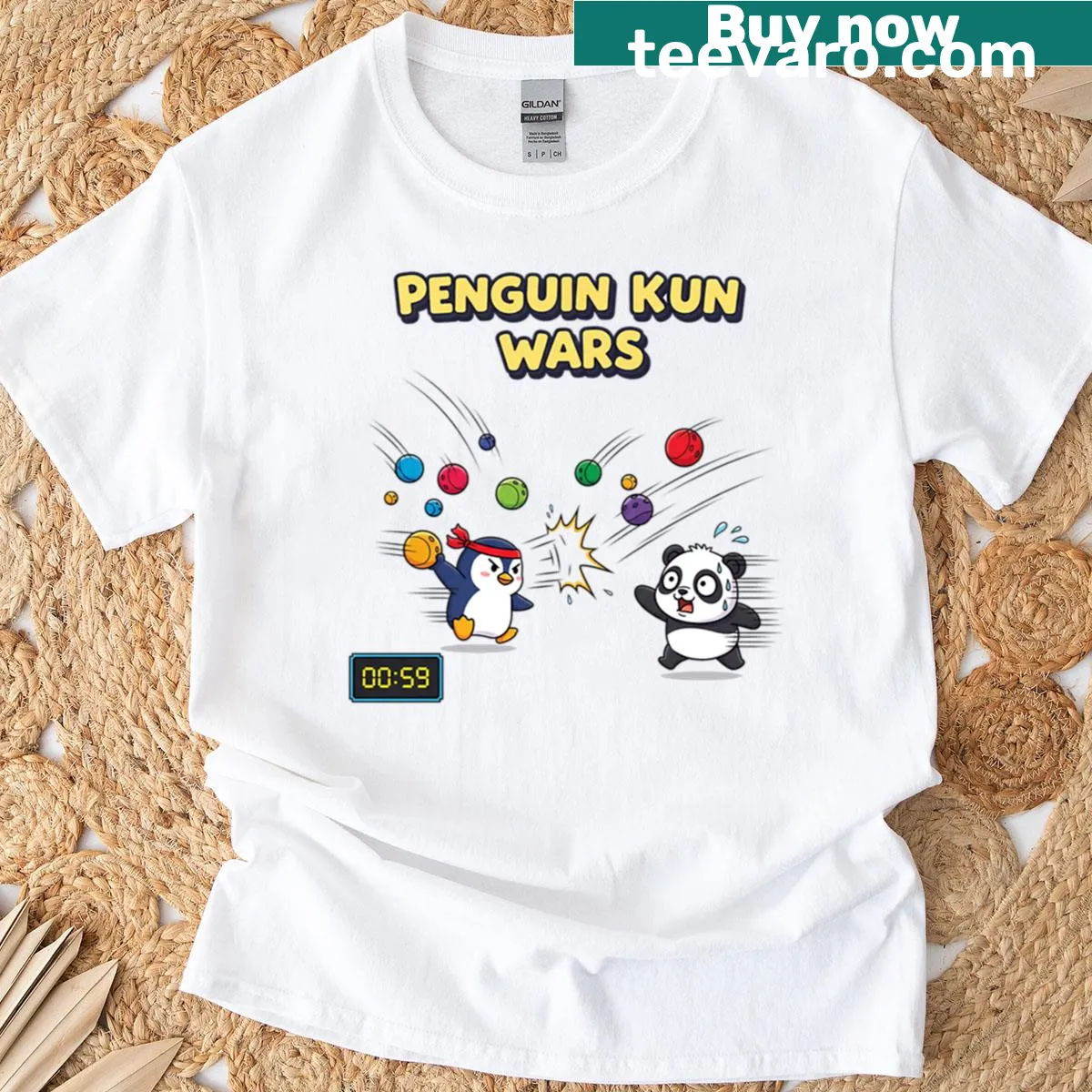 Oversized t-shirt featuring a retro penguin ball battle design — on a men's t-shirt