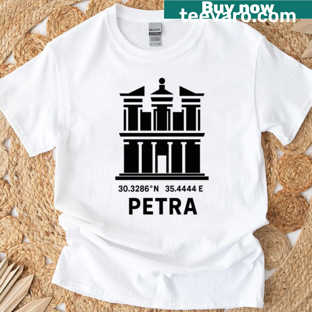 Minimalist T-shirt featuring abstract design inspired by Petra — on a men's t-shirt