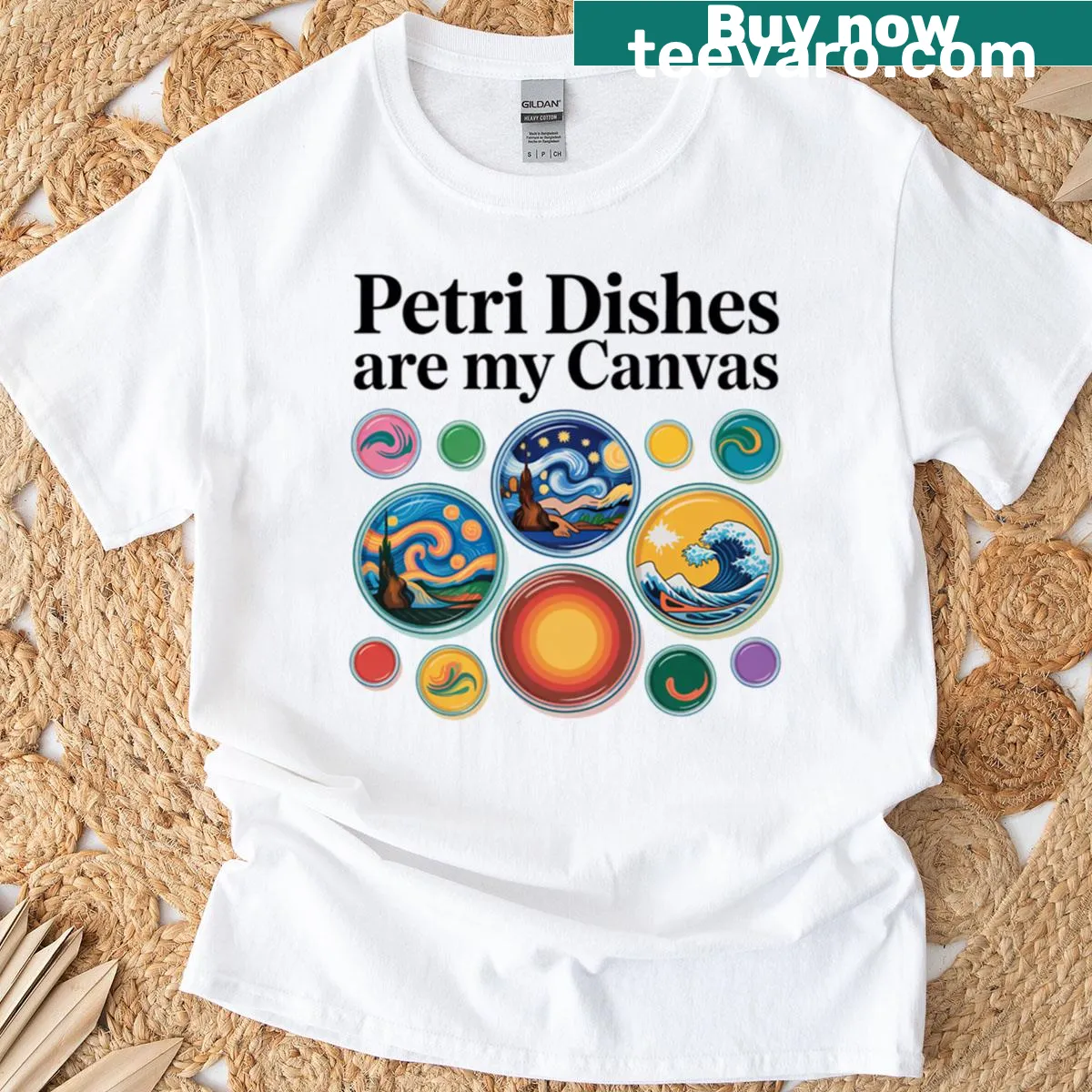 Funny oversized T-shirt with 'Petri Dishes Are My Canvas' text — on a men's t-shirt