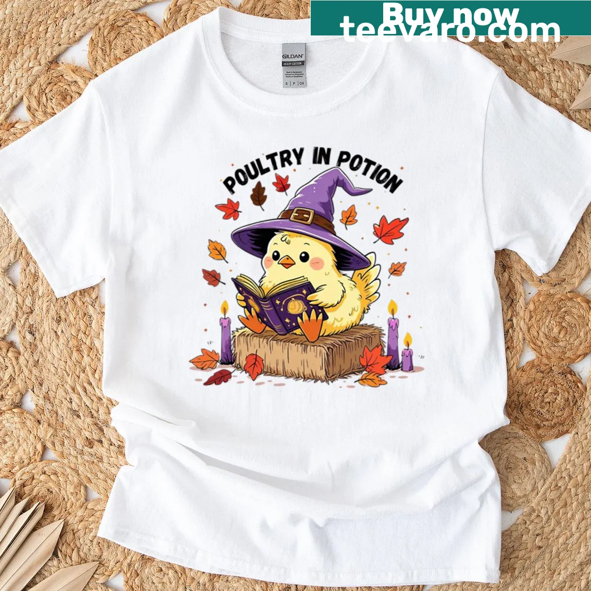 Oversized t-shirt featuring a cartoon chicken and the phrase Poultry In Potion — on a men's t-shirt