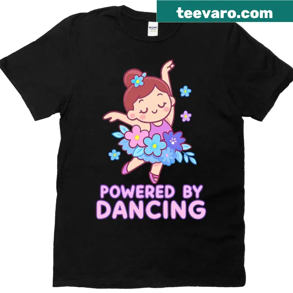 Cute kawaii ballerina on T-shirt, celebrating dance with floral accents.