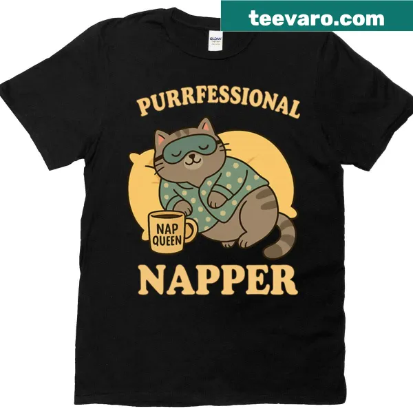 Funny cat-themed t-shirt with 'Purrfessional Napper' text and cartoon design