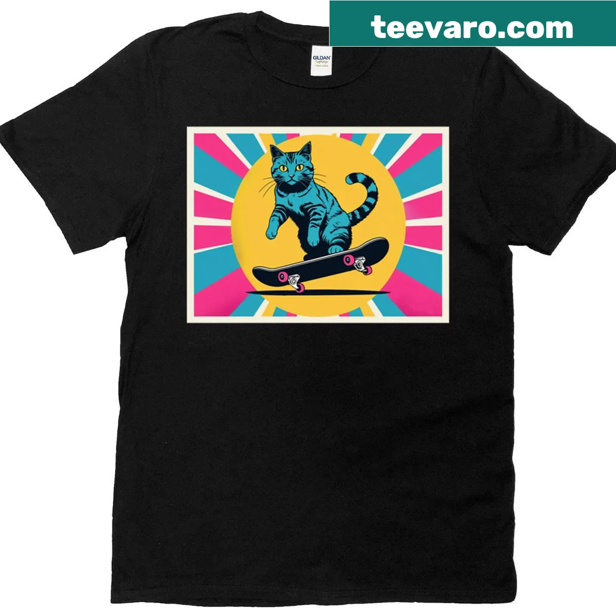 Pop art style skater cat design on a t-shirt — on a men's t-shirt