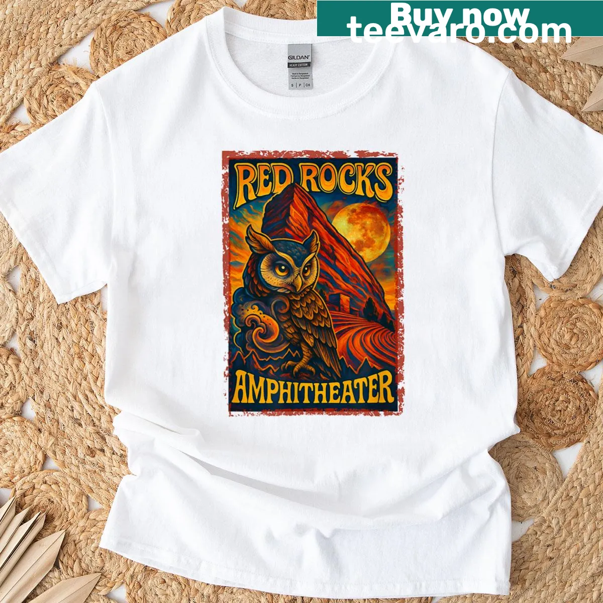 Illustrated T-shirt featuring Red Rocks Amphitheater and owl design — on a men's t-shirt