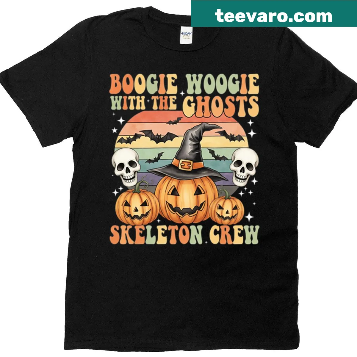 Cartoon witch cat with pumpkins and ghosts for Halloween — on a men's t-shirt