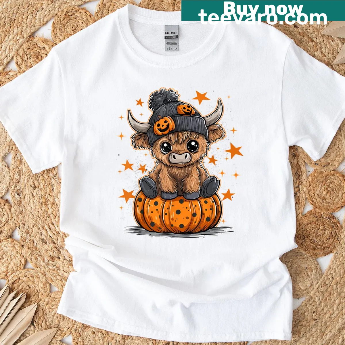Illustrated Highland cow with pumpkins on a fall-themed T-shirt — on a men's t-shirt