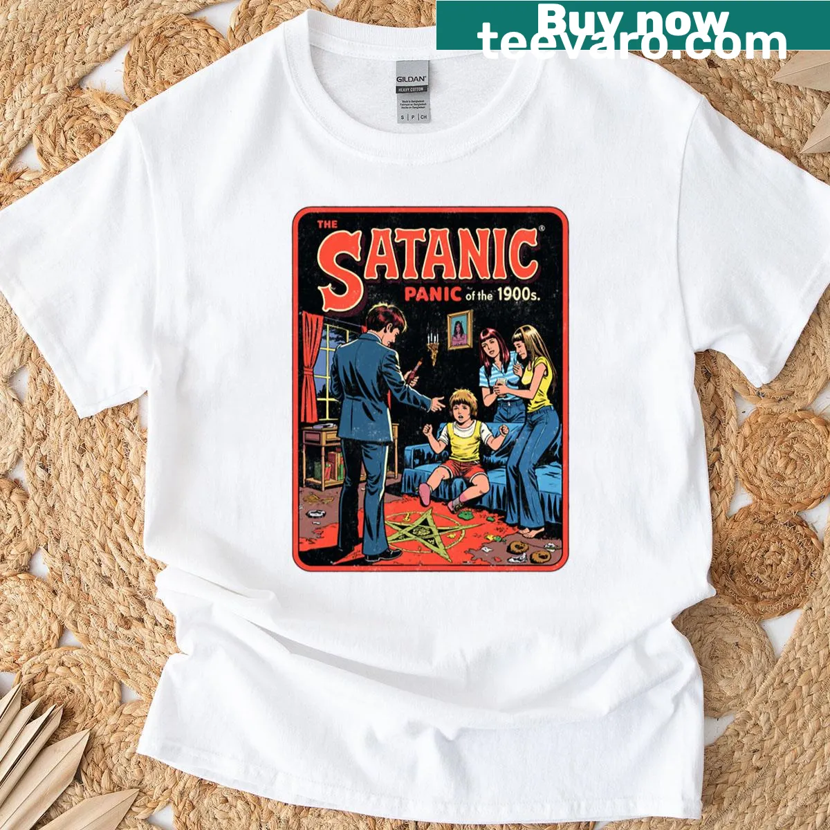 Retro 'Satanic Panic' dark humor graphic on oversized T-shirt — on a men's t-shirt