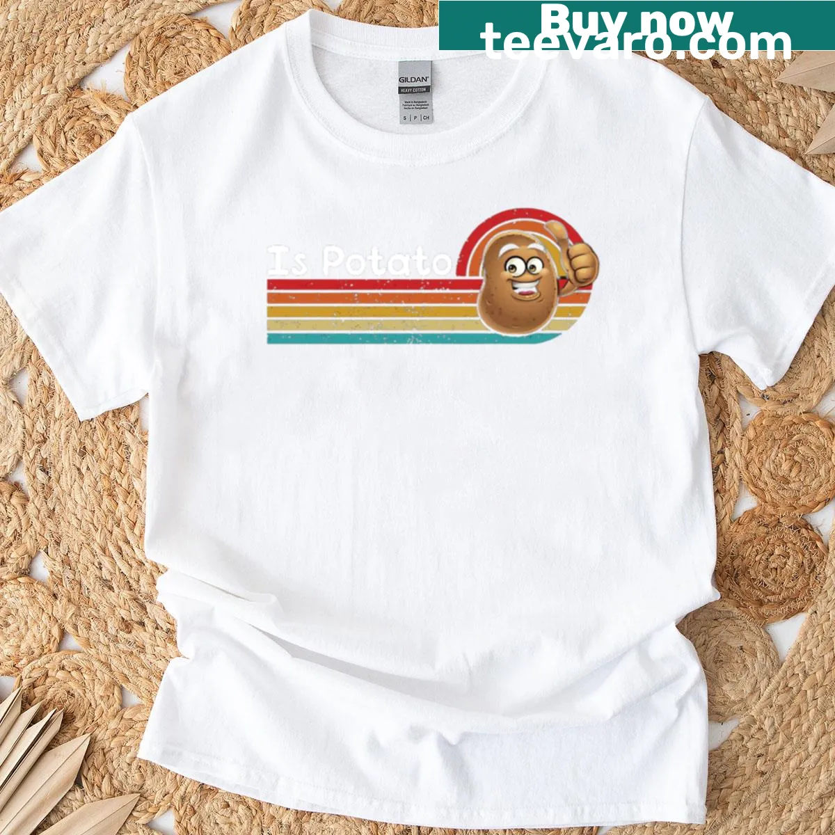 Retro-style T-shirt with a sunset and humorous potato graphic — on a men's t-shirt