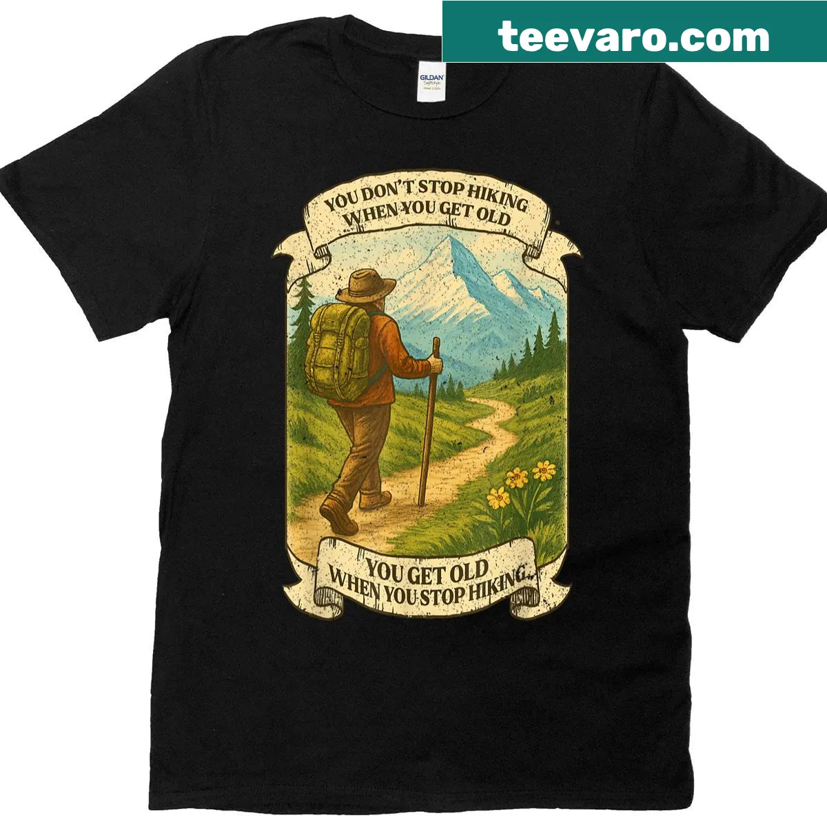 Retro hiking tee with inspirational typography design — on a men's t-shirt