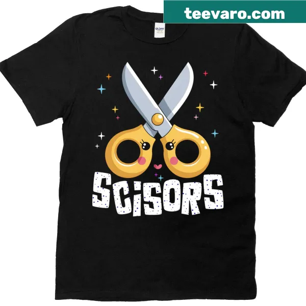 T-shirt with graphics of scissors, paper, and rock for Halloween