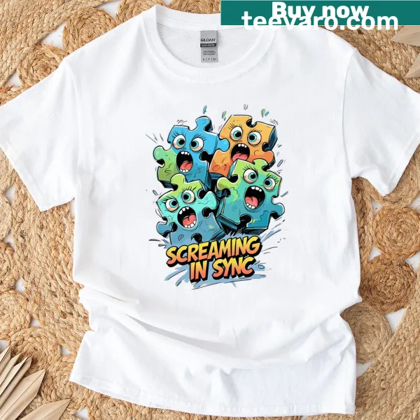 T-shirt with a chaotic puzzle piece design and humorous phrase
