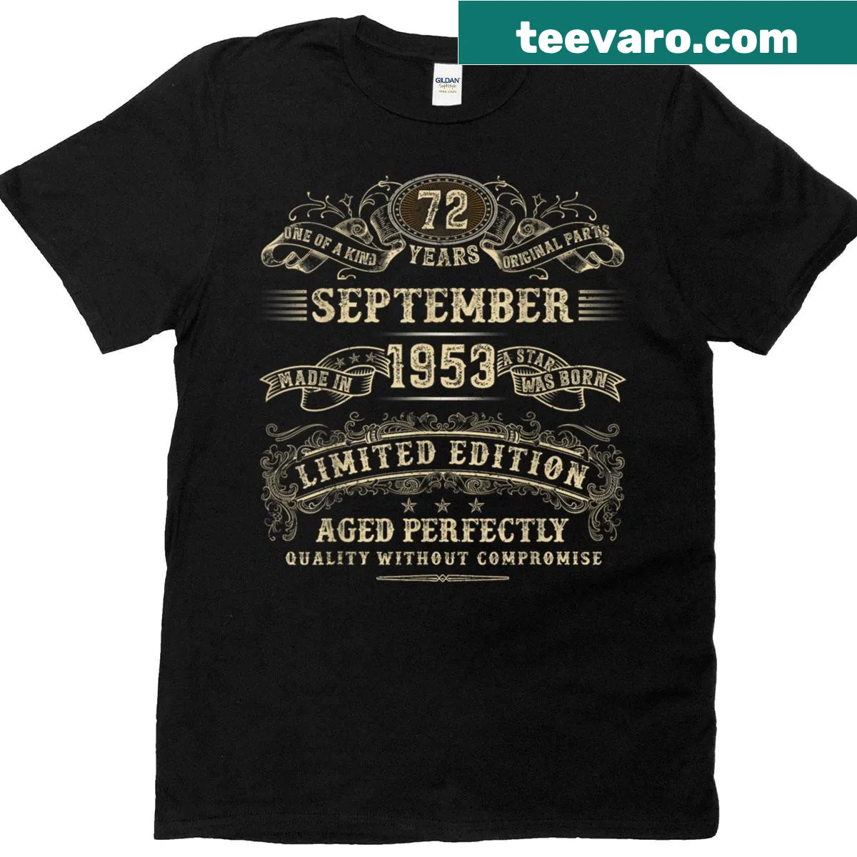 T-shirt celebrating a 72nd birthday since September 1953 — on a men's t-shirt