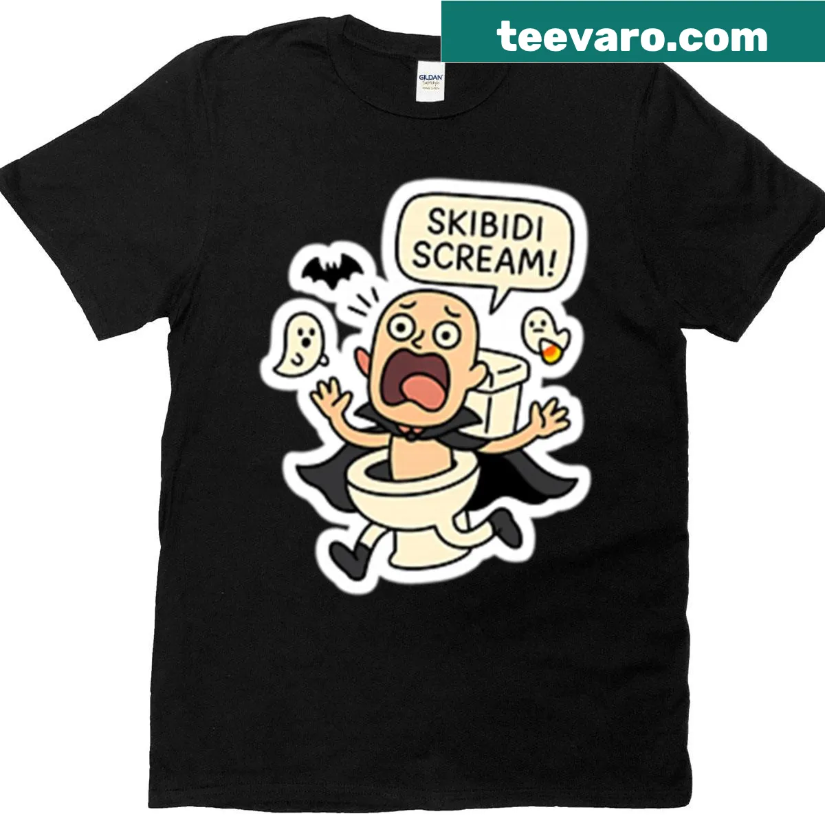 Funny Halloween t-shirt with a kawaii toilet ghost meme — on a men's t-shirt
