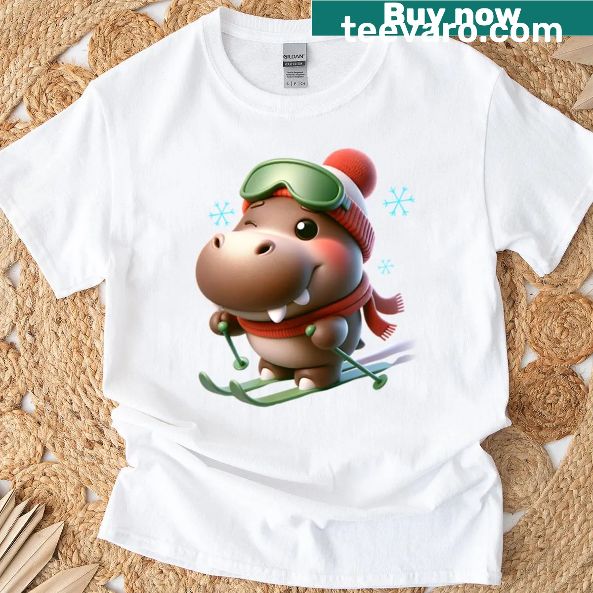 Cartoon hippo skiing on a t-shirt design — on a men's t-shirt