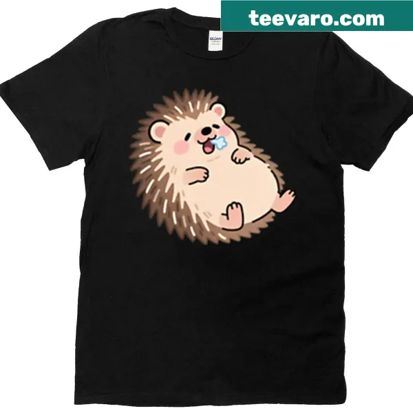 Whimsical illustration of a sleepy hedgehog on an oversized t-shirt