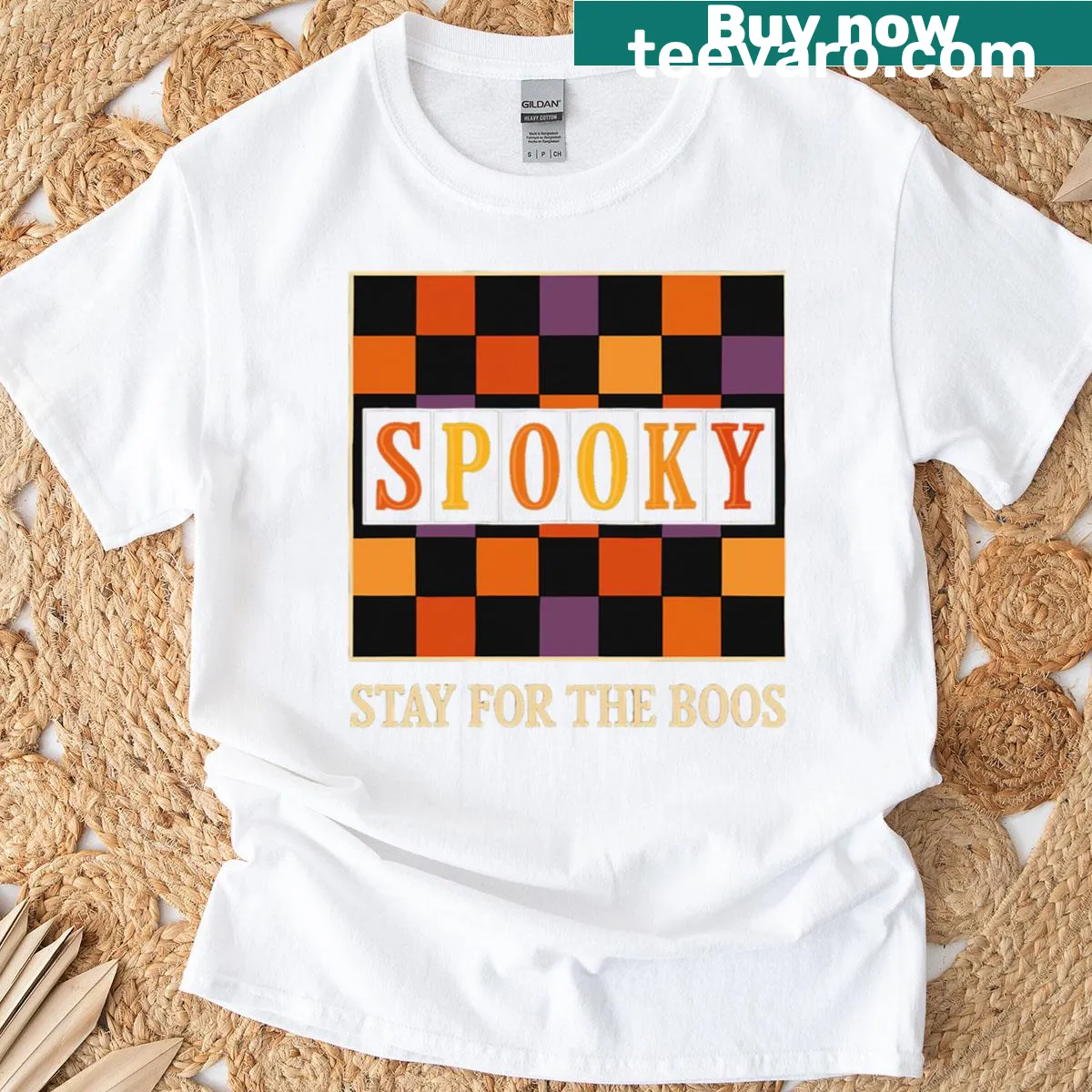Oversized T-shirt with playful Halloween design inviting guests to stay — on a men's t-shirt