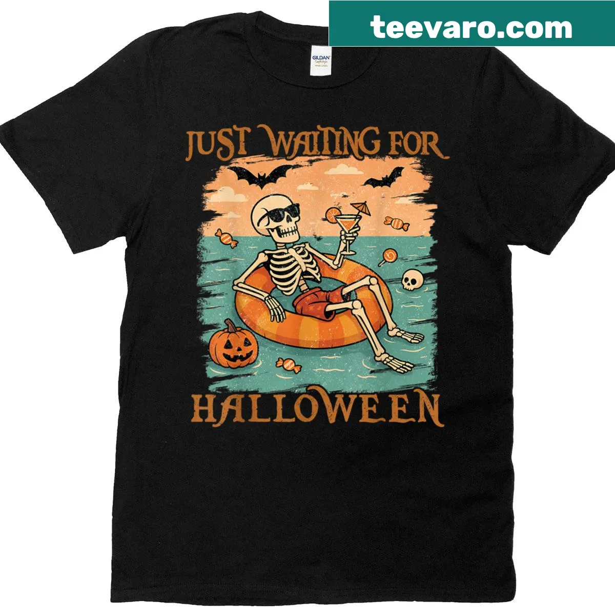 T-shirt with a whimsical skeleton design waiting for Halloween — on a men's t-shirt