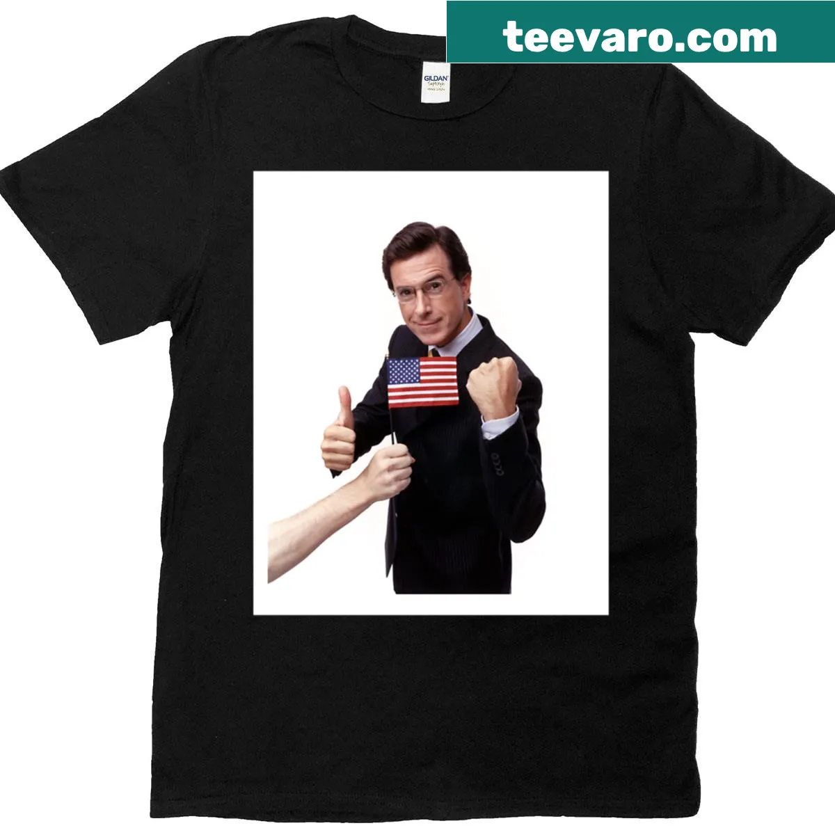 Typography t-shirt with 'Stephen Colbert - An American Hero' — on a men's t-shirt