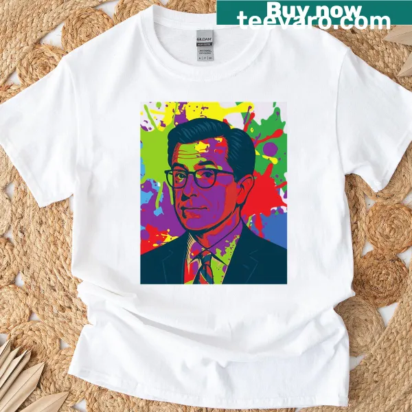 Caricature art of Stephen Colbert on a humorous T-shirt