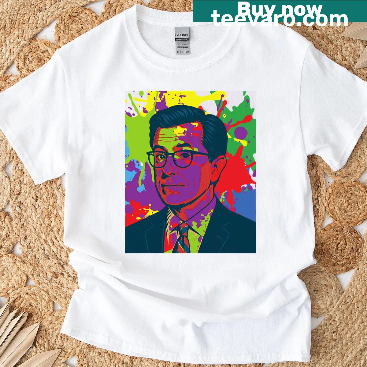 Caricature art of Stephen Colbert on a humorous T-shirt — on a men's t-shirt