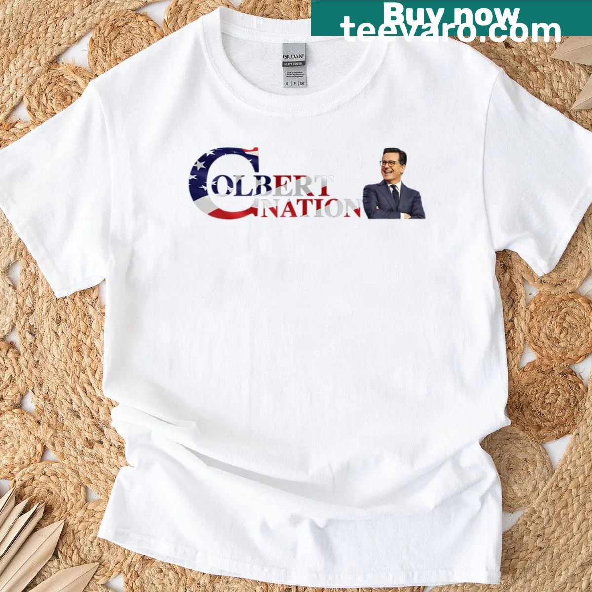 Oversized T-shirt featuring 'Colbert Nation' text for fans — on a men's t-shirt